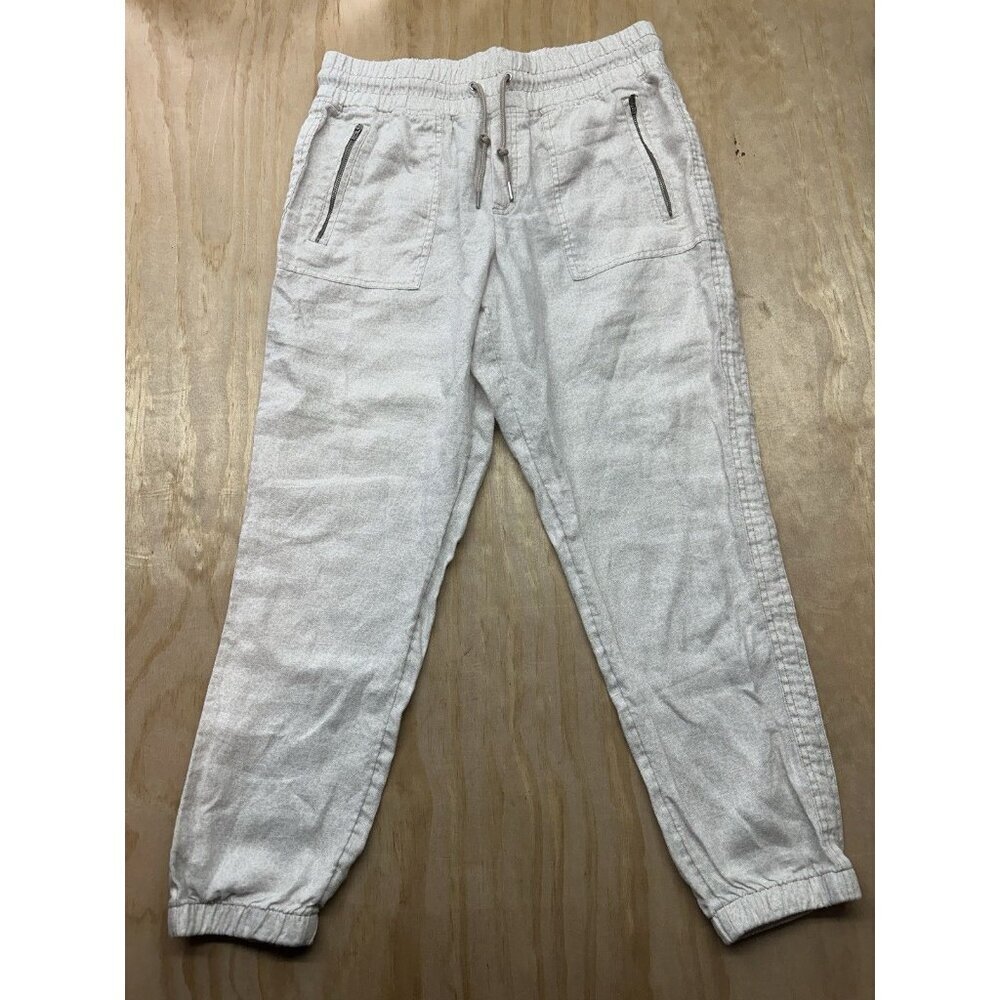 Athleta Cabo Linen Jogger Women's 10 White Animal Print Tapered Leg Drawstring